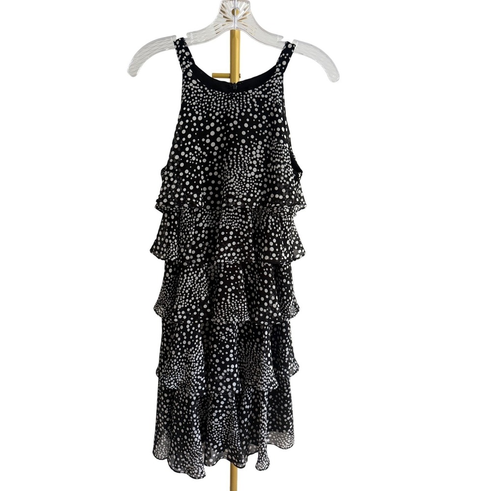 SL Fashions Tiered Ruffle Dress Women Sz 6 Black White Chiffon‎ Polka Dot Halter